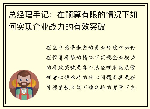 总经理手记：在预算有限的情况下如何实现企业战力的有效突破